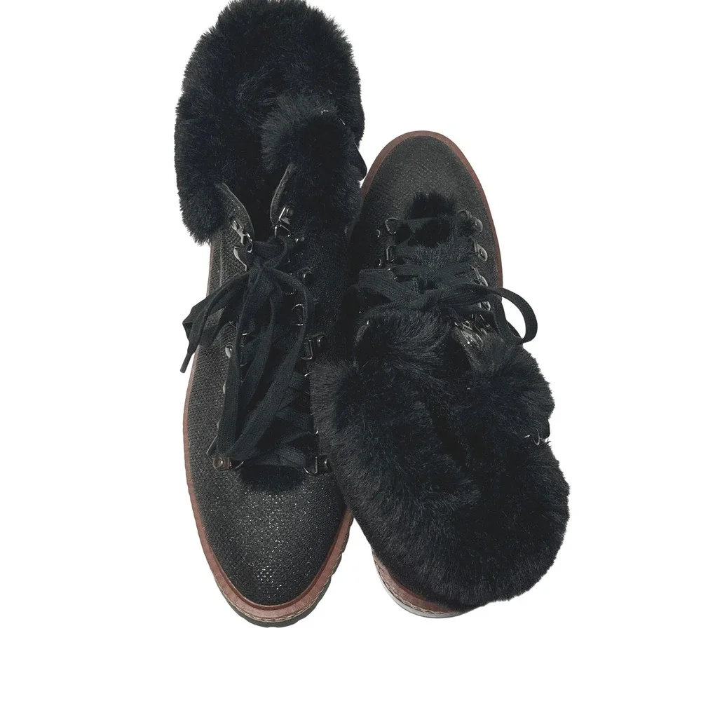 Kate Spade NY Rosalie Sparkly Black Leather‎ Ankle Boots SZ 9 Faux Fur NWOB